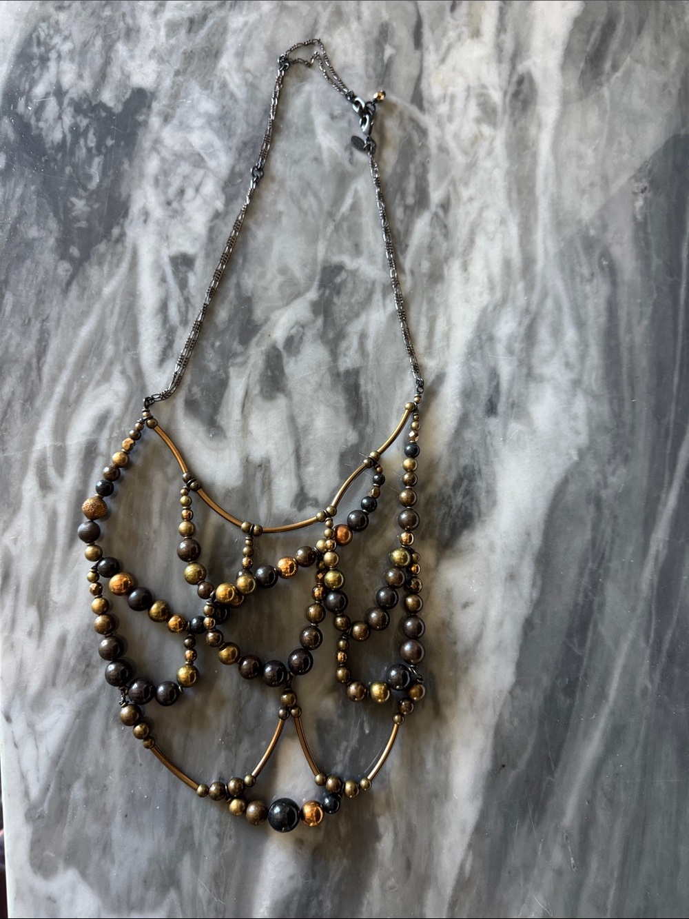 Layered Beaded Statement Necklace in Brown and Gold